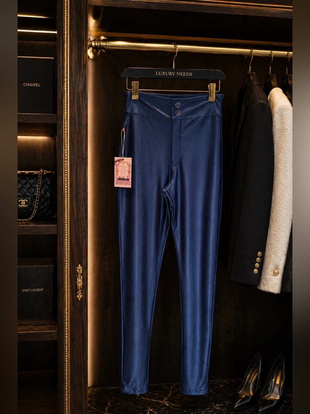 Woman High Waist Navy Blue Straight Ankle Stretch Pants With Pockets Size Medium